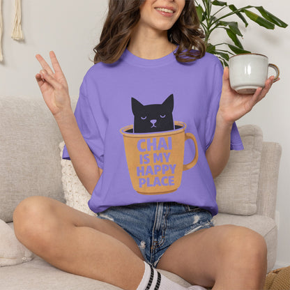 Chai Is My Happy Place Shirt | Chai Lover Gift | Funny Cat Tee | Tea Lover Gift | Birthday Gift for Her