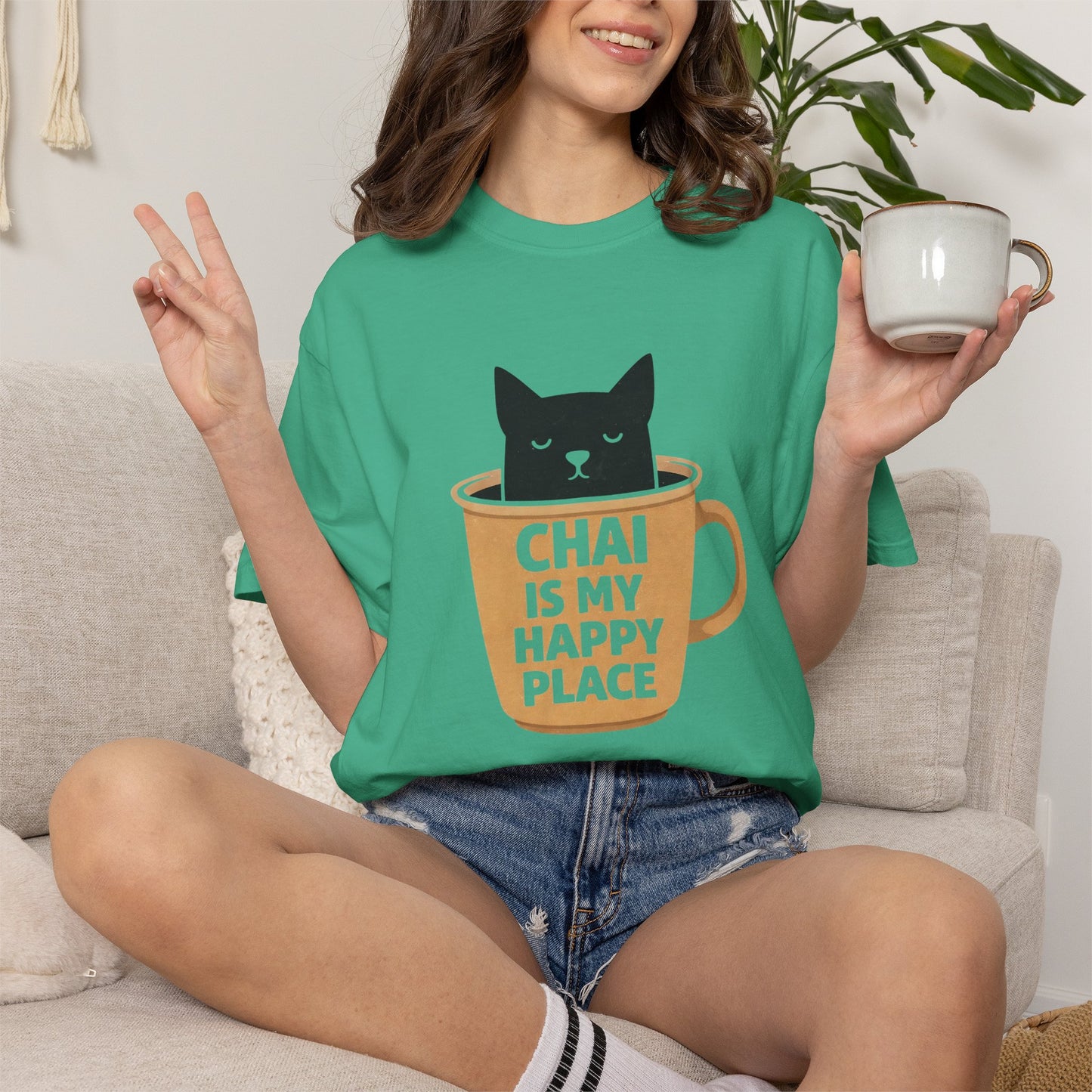 Chai Is My Happy Place Shirt | Chai Lover Gift | Funny Cat Tee | Tea Lover Gift | Birthday Gift for Her