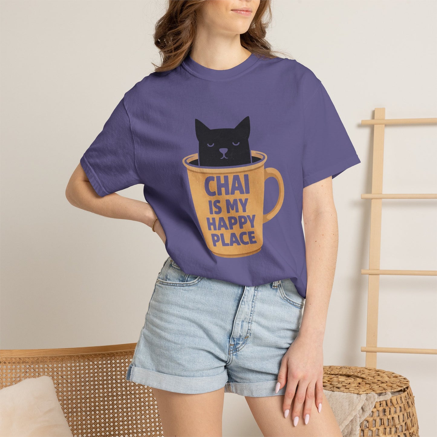 Chai Is My Happy Place Shirt | Chai Lover Gift | Funny Cat Tee | Tea Lover Gift | Birthday Gift for Her
