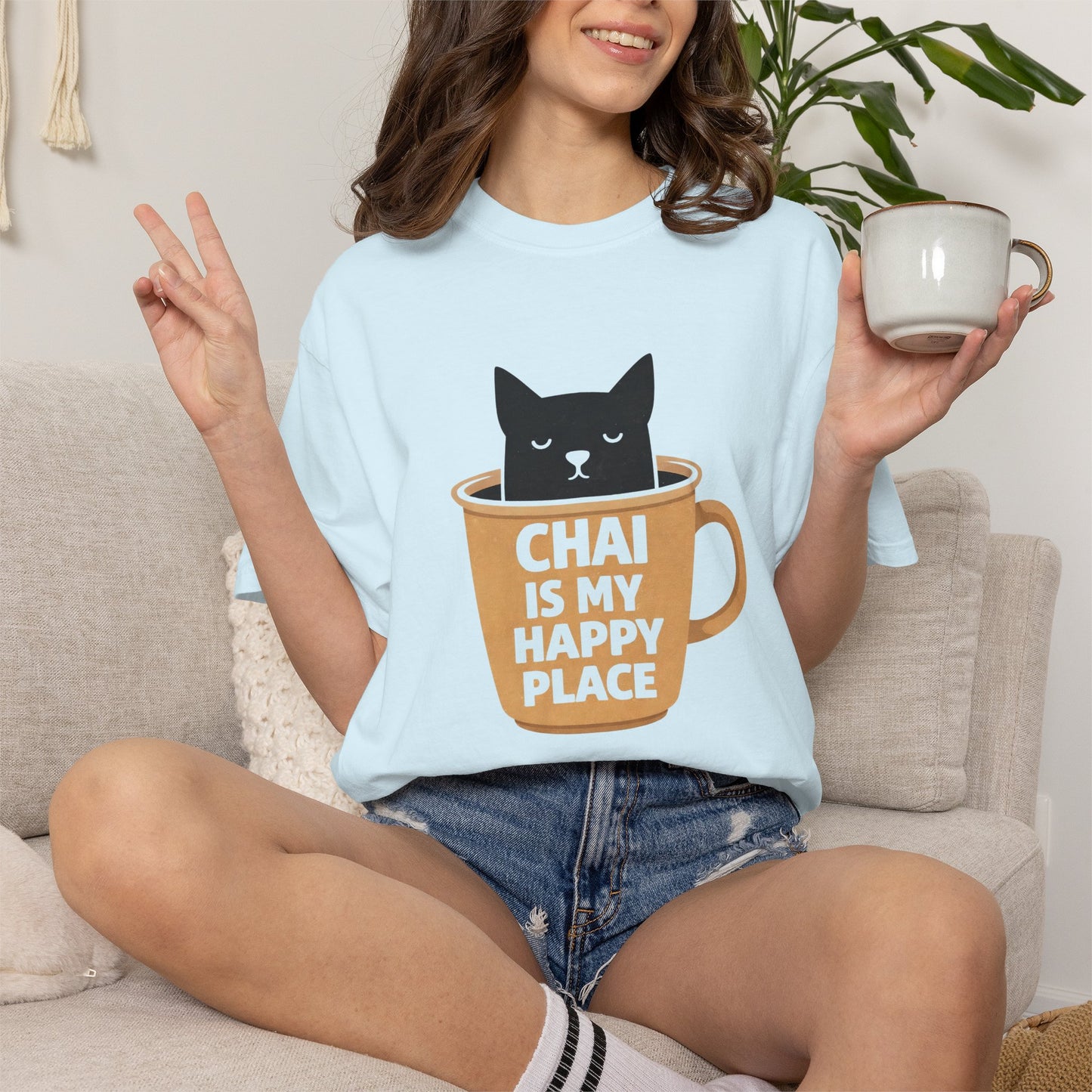 Chai Is My Happy Place Shirt | Chai Lover Gift | Funny Cat Tee | Tea Lover Gift | Birthday Gift for Her