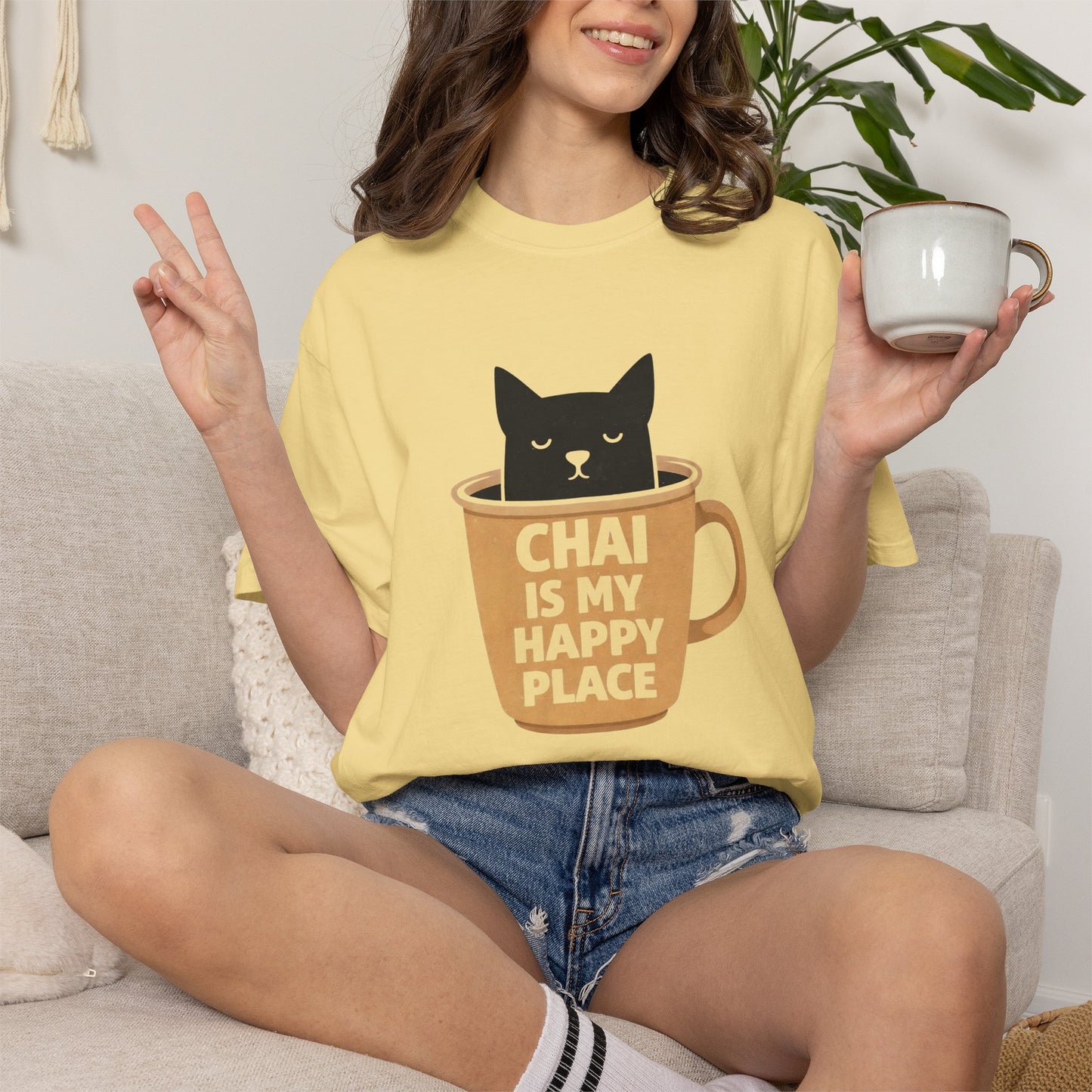 Chai Is My Happy Place Shirt | Chai Lover Gift | Funny Cat Tee | Tea Lover Gift | Birthday Gift for Her