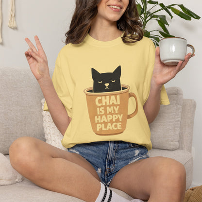 Chai Is My Happy Place Shirt | Chai Lover Gift | Funny Cat Tee | Tea Lover Gift | Birthday Gift for Her