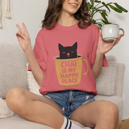 Chai Is My Happy Place Shirt | Chai Lover Gift | Funny Cat Tee | Tea Lover Gift | Birthday Gift for Her