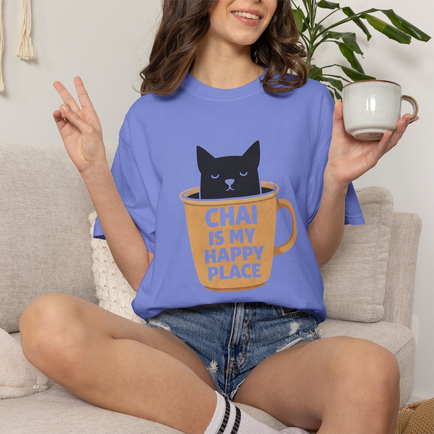 Chai Is My Happy Place Shirt | Chai Lover Gift | Funny Cat Tee | Tea Lover Gift | Birthday Gift for Her