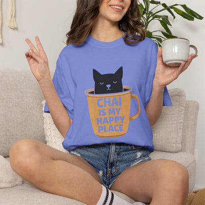 Chai Is My Happy Place Shirt | Chai Lover Gift | Funny Cat Tee | Tea Lover Gift | Birthday Gift for Her