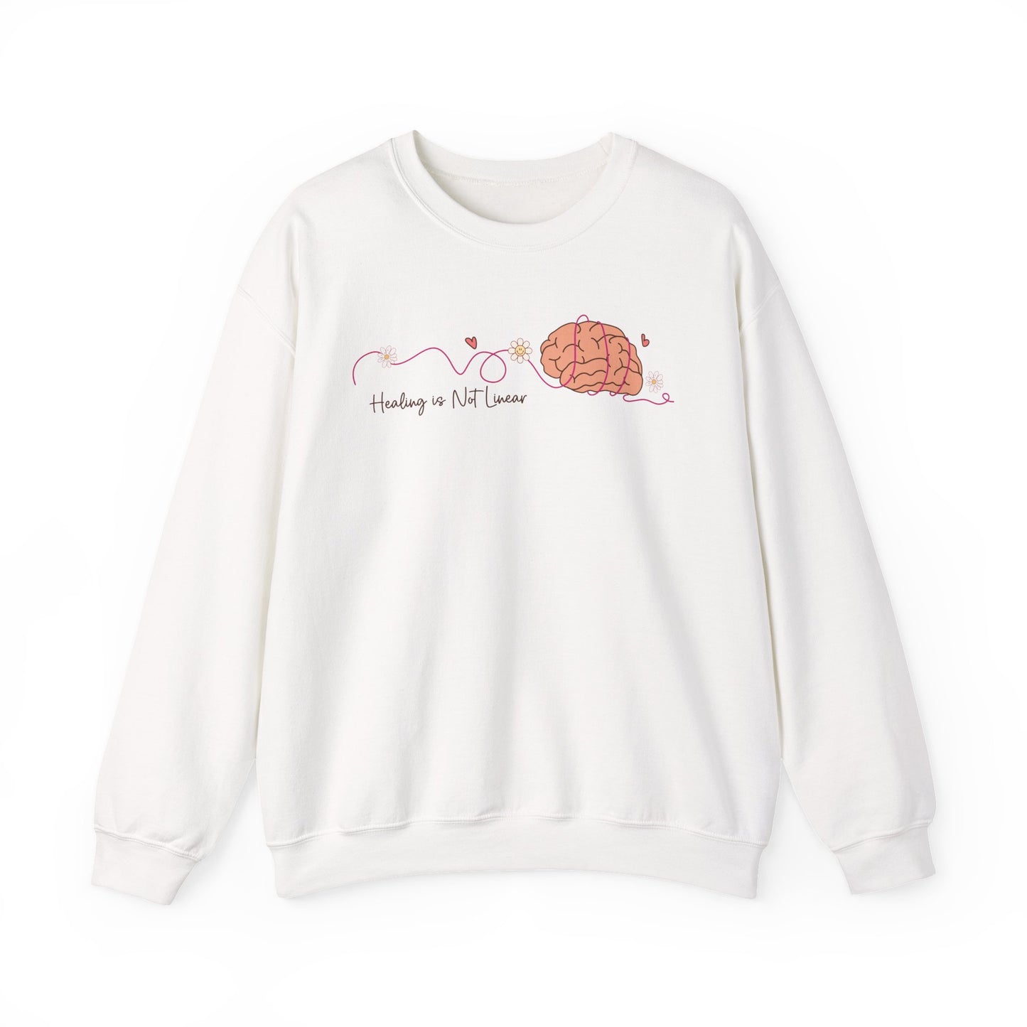 Healing Is Not Linear mental health awareness sweatshirt with brain illustration