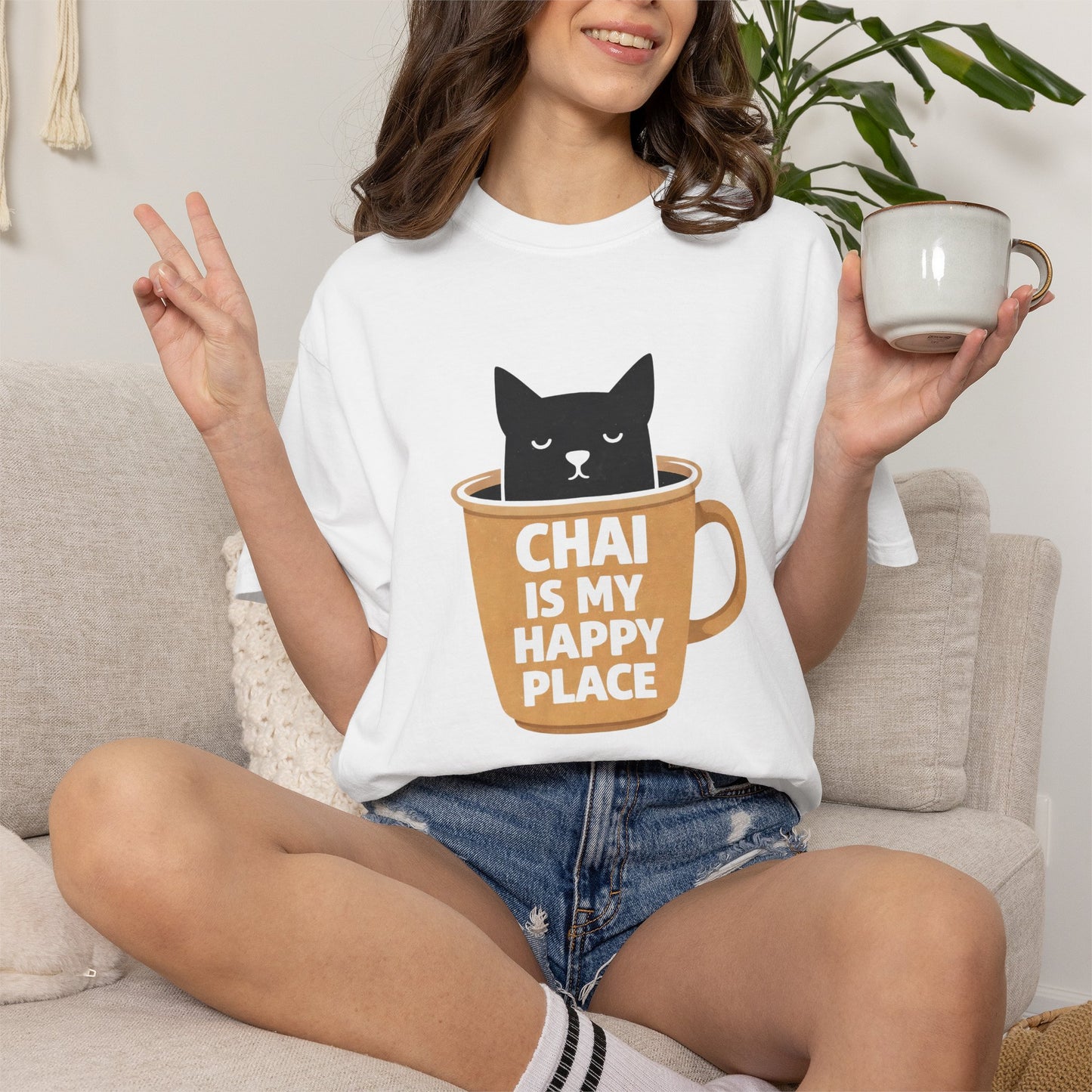 Chai Is My Happy Place Shirt | Chai Lover Gift | Funny Cat Tee | Tea Lover Gift | Birthday Gift for Her