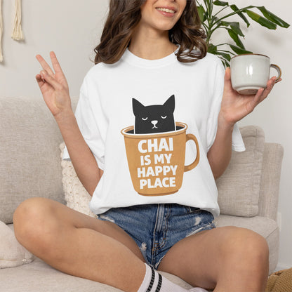 Chai Is My Happy Place Shirt | Chai Lover Gift | Funny Cat Tee | Tea Lover Gift | Birthday Gift for Her