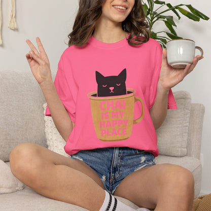 Chai Is My Happy Place Shirt | Chai Lover Gift | Funny Cat Tee | Tea Lover Gift | Birthday Gift for Her