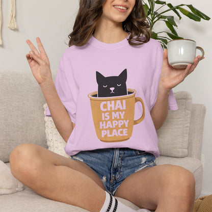 Chai Is My Happy Place Shirt | Chai Lover Gift | Funny Cat Tee | Tea Lover Gift | Birthday Gift for Her