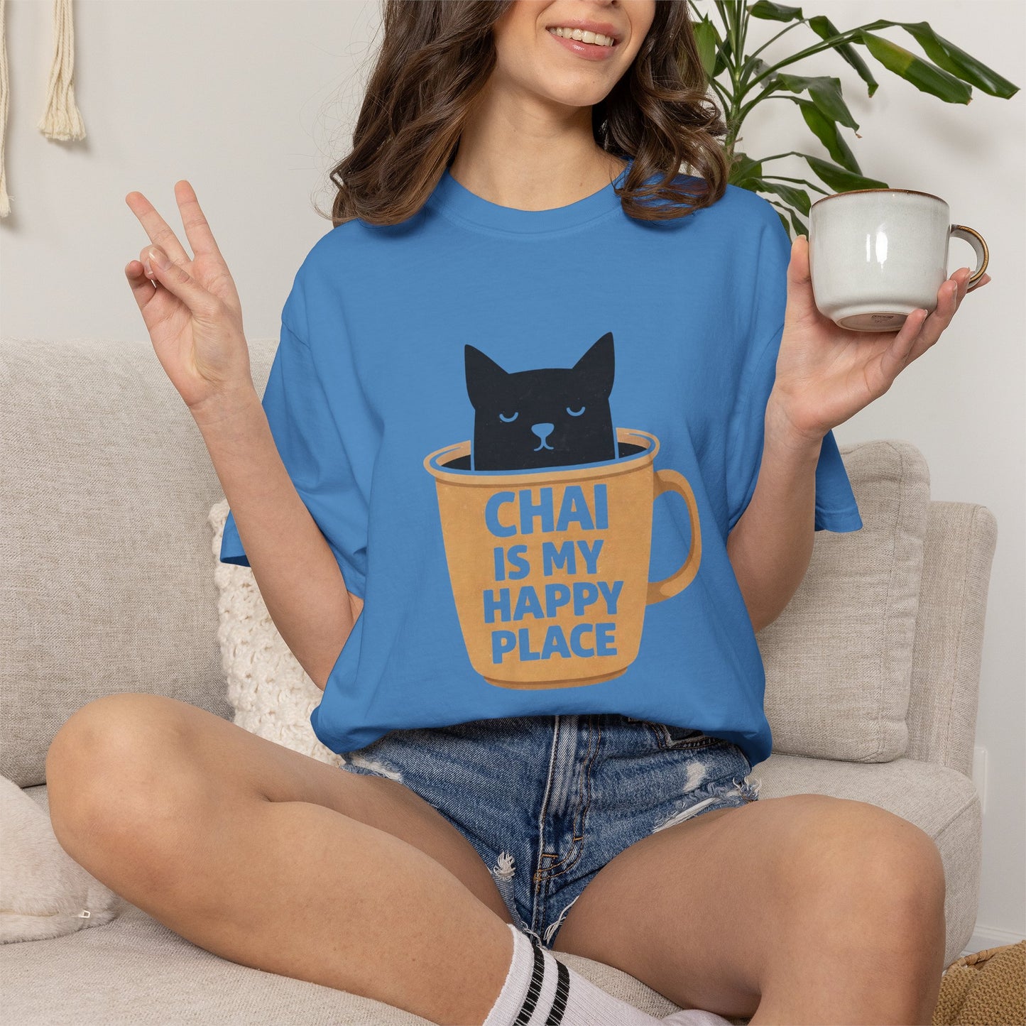 Chai Is My Happy Place Shirt | Chai Lover Gift | Funny Cat Tee | Tea Lover Gift | Birthday Gift for Her