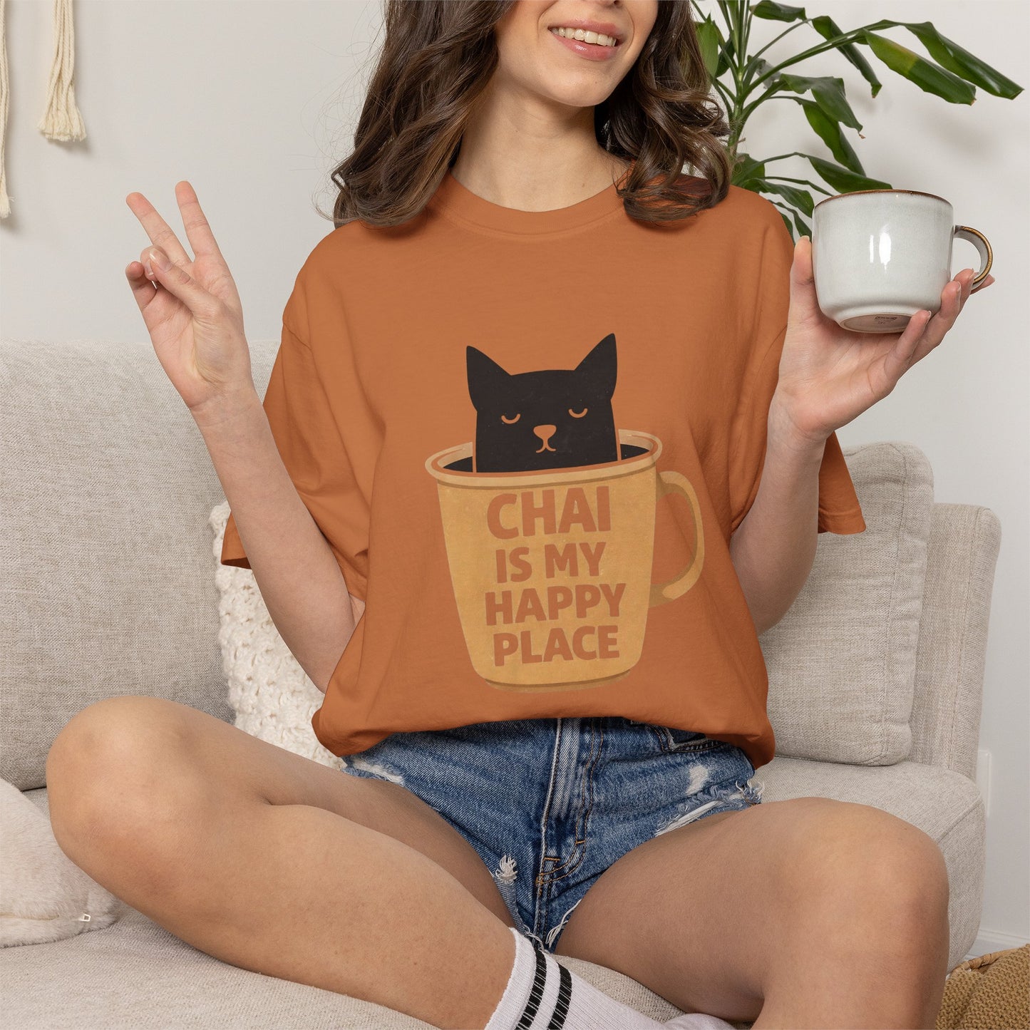 Chai Is My Happy Place Shirt | Chai Lover Gift | Funny Cat Tee | Tea Lover Gift | Birthday Gift for Her