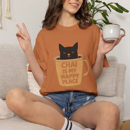 Chai Is My Happy Place Shirt | Chai Lover Gift | Funny Cat Tee | Tea Lover Gift | Birthday Gift for Her