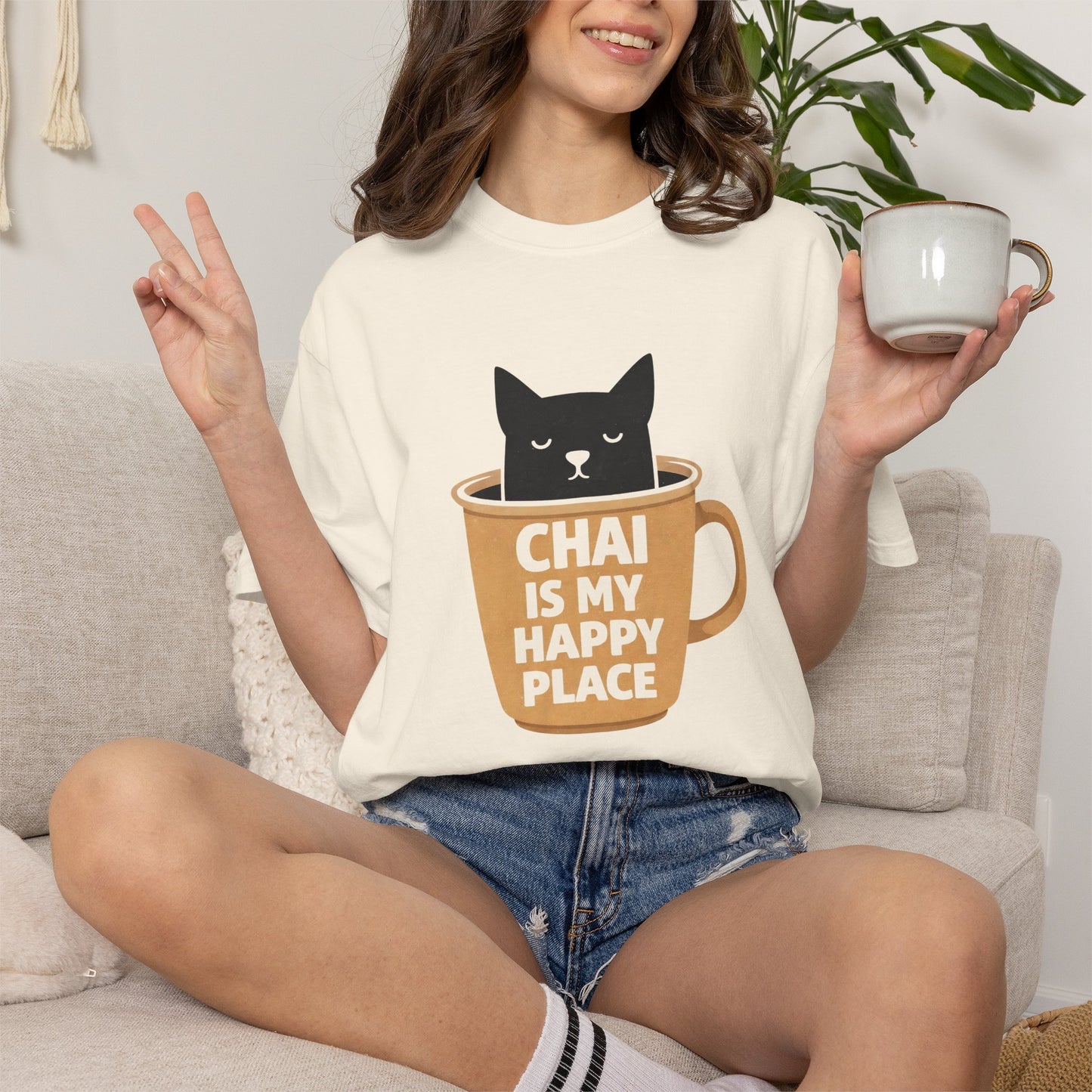 Chai Is My Happy Place Shirt | Chai Lover Gift | Funny Cat Tee | Tea Lover Gift | Birthday Gift for Her